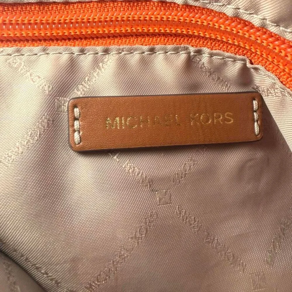 Michael Kors Orange Nylon Tote Shoulder Bag Brown Leather Trim Zip Top